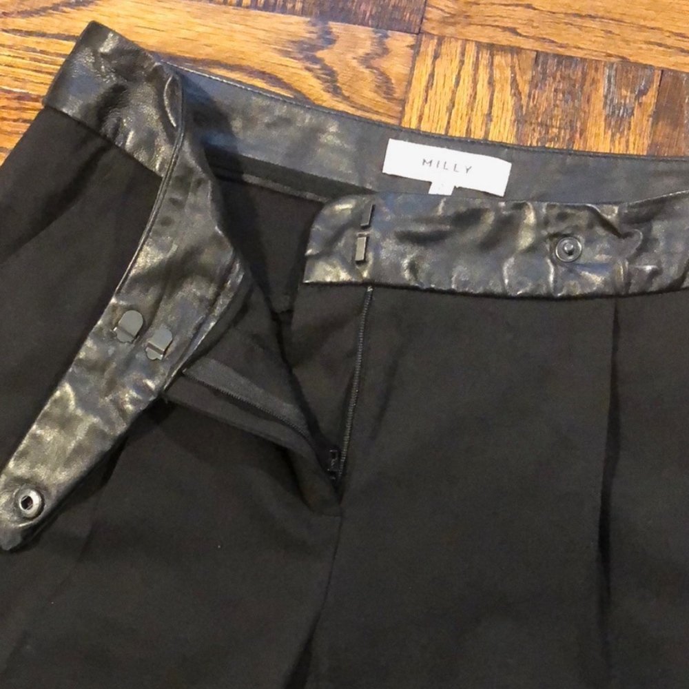 Milly Black Wool Pants w/ Black Leather Faux Belt - Picture 7 of 8
